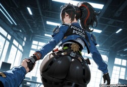 1girl 1other ai_assisted ai_generated animal_ears ass bangs black_gloves black_hair bodysuit breasts curvaceous curvy curvy_female curvy_figure female from_behind gloves holding_hands holding_weapon indoors jacket light_particles long_hair long_sleeves looking_back miyuai multicolored_hair out_of_frame pants police policewoman ponytail pov solo_focus streaked_hair thick thick_ass thick_butt thick_hips thick_legs thick_thighs thighs voluptuous voluptuous_female weapon wide_hips wide_thighs zenless_zone_zero zhu_yuan