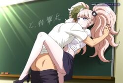 1girl against_wall ai_assisted ai_generated anime_screencap bear_hair_ornament blue_eyes chalkboard checkered_skirt doggy_style doggy_style_sex dripping_pussy enoshima_junko facing_forward forced from_behind hair_ornament hand_on_back hand_on_neck head_turned junko_enoshima long_hair looking_away looking_away_from_viewer looking_forward mature_female midriff navel no_panties petite_girl pink_hair plaid_skirt ponytail pressed_against_wall ribbon_in_hair sex_from_behind short_sleeves standing_sex straight sunlight turned twintails viewed_from_below white_stockings white_tank_top window