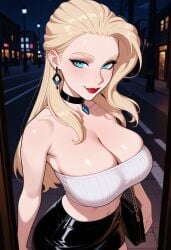 1girls ai_generated bandeau implied_prostitution latex latex_clothing looking_at_viewer midriff night prostitution rwby salem_(human)_(rwby) salem_(rwby) shiny_hair shiny_skin skirt solo solo_female tagme