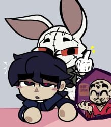 annoyed bald_male blush capcom clothed_sex crackship cuckolding dark_hair devil_may_cry faith_the_unholy_trinity father_john_ward flipping_off from_behind gary_miller gay_sex heart-shaped_pupils netorare no_visible_genitalia priest rabbit shitpost white_fur white_rabbit_(dmc) yaoi