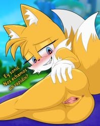 2_tails 5_fingers absurd_res anthro anus blue_eyes butt canid canine cheek_tuft chest_tuft clitoris clothing crossgender facial_tuft female fingers fox fur genitals gloves handwear heart_eyes heart_symbol hi_res inner_ear_fluff kar0ha mammal miles_prower mtf_crossgender multi_tail multicolored_body multicolored_fur sega smile solo sonic_the_hedgehog_(comics) sonic_the_hedgehog_(series) tail teeth text tuft vulva white_body white_clothing white_fur white_gloves white_handwear yellow_body yellow_fur