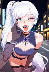 1girls ai_generated bandeau implied_prostitution looking_at_viewer midriff night prostitution rwby shiny_hair shiny_skin skirt solo solo_female tagme weiss_schnee