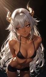 1girl ai_generated arms_behind_back bare_shoulders bikini bikini_top_only black_background black_bikini black_shorts breasts cleavage closed_mouth clothing collarbone cowboy_shot crossed_bangs dark-skinned_female dark_skin demon_girl demon_horns demon_tail dragon_horns enjo_kouhai fang fang_out female grey_hair hair_between_eyes hair_intakes halterneck horns leaning_forward light_rays lips long_hair looking_to_the_side medium_breasts navel red_eyes shinovia short_shorts shorts simple_background small_breasts smile solo stomach sunlight swimsuit tail toned ursula_(takunomi) very_long_hair white_hair