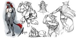 alien anthro avias_(artist) breasts female flexing hybrid looking_at_viewer mammal muscular nipples nude pussy rhinoceros sketch_page solo