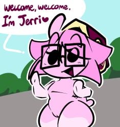 anthro black_eyes casual_nudity crossgender dialogue dot_eyes exhibitionism eyelashes eyewear female flat_chested gastropod glasses hair jerry_capshell mollusk open_mouth outside pink_body pink_hair pink_skin rectangular_glasses shell_hat simple_eyes snail solo spiral_stream_derby thefablednekos