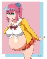 1girls ass big_belly big_breasts bloated_belly blue_eyes cg3p clothed clothing female female_only hazumi hazumi_and_the_pregnation heavily_pregnant pink_hair playful ponytail pregnant school_uniform short_skirt sticking_out_tongue