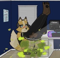 anthro bodily_fluids canid canine cherrym0nr cum cum_on_bulge fart fart_cloud fart_fetish fart_sniffing femboy fox genital_fluids hi_res male mammal nintendo sniffing solo star_fox