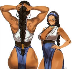avatar_the_last_airbender back_view blue_eyes braided_ponytail breasts brown-skinned_female brown_hair cleavage female female_focus female_only katara simple_background smirk solo solo_female solo_focus stepkingo water_tribe white_background