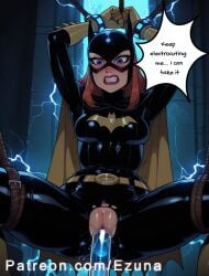 ai_generated batgirl batgirl_(barbara_gordon) batgirl_(the_killing_joke) batman:_the_killing_joke big_ass big_breasts big_butt big_thighs blue_eyes blush bodysuit bondage bound brown_hair comic commentary dc dc_comics dildo dildo_in_pussy electronics english_text ezuna huge_ass huge_breasts huge_butt huge_thighs mask spread_legs squatting text torn_bodysuit wanuze wide_hips