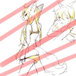 1:1 ace_heart_(ids) anthro blonde_hair bra butt canid canine canis clothed clothing crossed_arms female hair ids_(user) long_hair mammal nude panties panties_down partially_clothed pulling_down_panties rear_view red_eyes shy simple_background skinny solo tail underwear underwear_down unknown_artist white_background white_body white_tail wolf yellow_bra yellow_clothing yellow_panties yellow_underwear