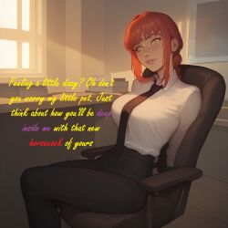 1girls ai_generated arms_behind_back chainsaw_man clothing comic dialogue english_text female female_only fully_clothed looking_at_viewer makima_(chainsaw_man) office red_hair shirt sitting sitting_on_chair solo text tie tuxedo yellow_eyes