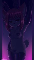 anonymous_artist anthro black_eyes canid canine chromatic_aberration clothing dim_lighting fake_ears fake_rabbit_ears female gloves gradient_background hair hand_on_leg handwear hi_res hibiki_(oposa) latex latex_clothing latex_gloves latex_handwear latex_legwear latex_stockings legwear mammal nude pasties pink_hair pinup pose raised_arm simple_background solo stockings text