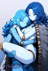 1girl 4_arms ai_assisted ai_generated anal anal_penetration big_dick blue_eyes blue_hair blue_skin carrying colored_skin cracked_skin doll_joints fur_cloak leg_lock one_eye_closed wavy_hair