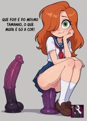 1girls ai_generated anal anal_object_insertion anus ass blue_skirt blush brown_footwear cleft_of_venus closed_mouth dialogue dildo dildo_riding edit full_body green_eyes hair_over_one_eye hand_on_own_cheek hand_on_own_face huge_dildo large_insertion loafers long_hair looking_at_viewer neckerchief no_panties notes_translation object_insertion orange_hair pernalongapirata photoshop pleated_skirt portuguese portuguese_dialogue portuguese_text pussy red_neckerchief sailor_collar school_uniform serafuku sex_toy shirt shoes short_sleeves skirt smile socks solo solo_focus speech_bubble squatting text watermark white-skinned_female white_shirt white_socks