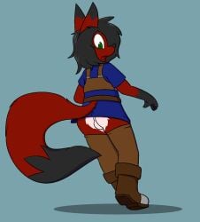 anthro backsack balls boots canid canine clothing cyrus_nightfire fantasy femboy footwear fox genitals leggings legwear male mammal nightfire rear_view shirt shoes solo standing surprised topwear tunic