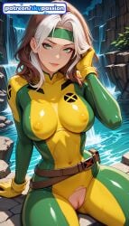 1girls 2026 ai_assisted ai_generated anime boobs breasts bust green_eyes hi_res high_quality high_resolution highres marvel marvel_comics patreon patreon_username rogue_(x-men) skypassion stable_diffusion tits torn_clothes water watermark x-men yellow_bodysuit