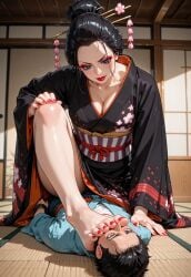 ai_generated feet femdom foot_fetish foot_worship kimono maestro22 makeup nico_robin one_piece toenail_polish