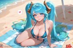 1girls ai_generated beach bikini blue_eyes blue_hair breasts cleavage hair_ornament heavenly_art large_breasts league_of_legends looking_at_viewer riot_games solo sona_(league_of_legends) sona_buvelle thigh_gap