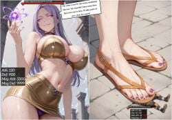 ai_generated feet femdom flip_flops foot_fetish gameplay_mechanics giantess glowing_eyes health_bar large_breasts larger_female maestro22 magic purple_eyes purple_hair size_difference toenail_polish trampling