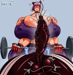 1boy 1girls anthro bench_press big_breasts blush boner breasts giant_breasts gigantic_breasts goodhorny69 huge_breasts hyper_breasts large_breasts lifting mama_bear_(pluemindynm) muscular muscular_female nipple_piercing no_nut_november penis_awe rat rat_boy spotting tomboy