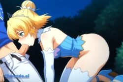 1girl ai_assisted ai_generated anime_screencap big_butt blonde_hair blowjob blue_shirt blush clothed clothing couple deep_throat fellatio female from_side girl girly green_eyes jewlery kneeling night official_style oral outdoors short_hair small_breasts spreading_legs squating sucking_penis white_leggings whore younger_female
