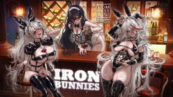 3girls aegir_(azur_lane) alcohol alternate_outfit azur_lane bar_(place) barstool big_breasts black_hair bunny_ears bunnysuit chie00chan cleavage friedrich_der_grosse_(azur_lane) horn horns iron_blood_(azur_lane) latex long_hair looking_at_viewer pouring pouring_on_breasts pouring_on_self prinz_eugen_(azur_lane) tagme text very_long_hair white_hair