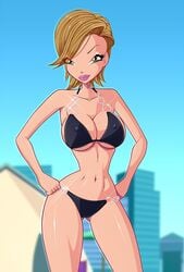 1girls ass_visible_through_thighs belly bikini blonde_hair breasts busty cleavage color covered_breasts covered_nipples erect_nipples eva eva_(winx_club) eyebrows_visible_through_hair eyes_visible_through_hair female hips hourglass_figure large_breasts legs looking_at_viewer navel netflix nipple_bulge nipples rainbow_(animation_studio) short_hair solo swimsuit thighs thin_waist voluptuous winx_club world_of_winx zfive