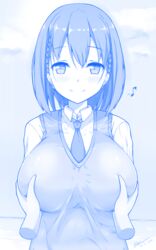 ai-chan_(tawawa) blush breast_grab breasts female getsuyoubi_no_tawawa grabbing highres huge_breasts kuavera looking_at_viewer necktie school_uniform solo_focus