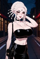 1girls ai_generated bandeau implied_prostitution latex latex_bandeau latex_clothing looking_at_viewer midriff night prostitution rwby salem_(rwby) shiny_hair shiny_skin skirt solo solo_female tagme
