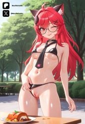 1female 1girl ahoge ai_generated animal_ear_fluff animal_ears ass ass_visible_through_thighs bare_arms bare_shoulders bikini bikini_bottom_aside black-framed_eyewear black_bikini black_choker black_necktie breasts cat_ears choker clothing clothing_aside colored cowboy_shot day female food from_front front_view glasses hair_ornament hairclip light-skinned_female light_skin long_hair looking_at_viewer medium_breasts nanally_(neverness_to_everness) navel necktie neverness_to_everness novathecreator nte outdoors plate pussy red_eyes red_hair sexy sexy_body sexy_pose small_breasts smile solo standing stomach string_bikini swimsuit table tits tongue tongue_out tree uncensored vagina virtual_youtuber visible_pussy visible_vagina vulva water wet wink winking winking_at_viewer x_hair_ornament