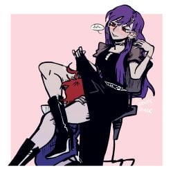 1boy 1boy1girl 1girls choker cunnilingus cunnilingus_in_skirt eating_pussy english_text femdom hiruko_shizuhara malesub piercing pleased_expression purple_hair red_eyes red_hair shizuhara_hiruko sumino_takumi takumi_sumino the_hundred_line_-last_defense_academy-