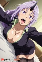 1girl ai_generated bed black_horns black_jacket black_skirt black_thighhighs blush breasts cleavage collarbone collared_shirt dutch_angle earrings formal green_shirt hexogen horns indoors jacket jewelry large_breasts long_hair long_sleeves looking_at_viewer lying miniskirt office_lady on_bed oni oni_horns open_mouth oral_invitation patreon_username pencil_skirt ponytail purple_eyes purple_hair reaching reaching_towards_viewer shion_(tensei_shitara_slime_datta_ken) shirt single_horn skirt skirt_suit solo suit teeth tensei_shitara_slime_datta_ken thighhighs thighs tongue tongue_out zettai_ryouiki