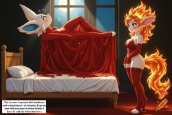 ai_generated bed bedroom eevee eeveelution espeon female female_only fire_hair fire_tail fire_type floating levitation pony ponyta psychic_powers psychic_type red_bra red_panties red_sheets