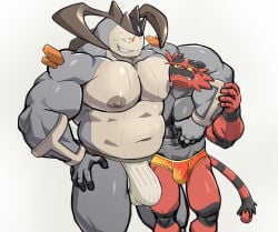 abs absurd_res anthro arm_around_partner arm_around_shoulders balls_outline barazoku bedroom_eyes big_muscles big_pecs black_body bodily_fluids bulge chokehold claws clothed clothing detailed_bulge duo erect_nipples erection erection_under_jockstrap erection_under_underwear generation_5_pokemon generation_7_pokemon genital_outline genitals gradient_underwear green_eyes grey_body hand_on_hip headlock hi_res horn incineroar jockstrap jockstrap_only legendary_pokemon looking_at_another maldu male male/male musclegut muscular muscular_anthro muscular_male narrowed_eyes navel nintendo nipples orange_clothing orange_eyes orange_underwear pecs penis penis_outline penis_size_difference pokemon pokemon_(species) portrait red_body red_clothing red_nose red_underwear seductive shaded sharp_teeth simple_background size_difference snout sweat tail teeth terrakion three-quarter_portrait topless underwear underwear_only white_background worried worried_look yellow_sclera