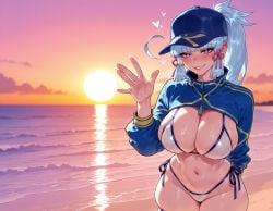 1girl 1girls ahoge ai_generated arm_behind_back balecxi bangs baseball_cap beach bikini bikini_bottom blue_eyes blue_hair blue_headwear blue_jacket blunt_bangs blunt_tresses blush breasts cleavage clothing cosplay cropped_jacket curvaceous curvaceous_female curvaceous_figure curvy curvy_figure female female_focus genshin_impact gradient_sky grin hair_ribbon hair_through_headwear hand_up hat headwear heart-shaped_pupils hoyoverse inviting inviting_to_sex jacket kamisato_ayaka large_breasts light_blue_hair lips long_hair long_sleeves looking_at_viewer mihoyo mole mole_under_eye navel ocean orange_sky outdoors parted_lips ponytail presenting presenting_ass presenting_breasts presenting_hindquarters presenting_pussy presenting_self ribbon seductive seductive_look seductive_smile shore shrug_(clothing) side-tie_bikini_bottom side-tie_clothing side-tie_swimsuit sidelocks sky smile solo stomach sunset swimsuit symbol-shaped_pupils thigh_strap thighs tress_ribbon voluptuous voluptuous_female water waving wet white_bikini white_swimsuit wide_hips zipper_pull_tab
