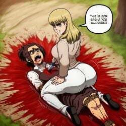 2girls above_view ai_generated attack_on_titan big_ass big_breasts blonde_hair blood_on_floor bloody blue-eyed_female blue_eyes brown-eyed_female brown_eyes brown_hair bubble_ass bubble_butt cowgirl_position dress excessive_blood female_on_top gabi_braun helpless_female kaya_(shingeki_no_kyojin) knife legs_tied light-skinned_female light_skin long_blonde_hair long_hair looking_away novelai on_back outdoors outside revenge screaming serious serious_face serious_look shingeki_no_kyojin speech_bubble stabbing tied_up white_pants
