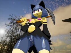 4:3 absurd_res anthro anus clothed clothing dress felid feline female genitals hi_res innie_vulva lawtheboss mammal nipple_slip nipples no_underwear pal_(species) palworld partially_clothed plump_labia pocketpair sekhmet_(pal) solo upskirt vulva