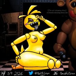 animatronic animatronic_female beakless braces bratty chicken chicken_girl female five_nights_at_freddy's five_nights_at_freddy's_2 fnaf phasianid pierced_nipples robot robot_girl scottgames toy_chica_(fnaf) toy_freddy_(fnaf) yellow yellow_skin