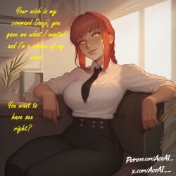 1girls ai_generated chainsaw_man clothing comic dialogue english_text female female_only fully_clothed large_breasts looking_at_viewer makima_(chainsaw_man) office red_hair shirt sitting sitting_on_chair solo text tie tuxedo wide_hips yellow_eyes