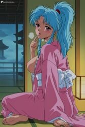 1girl ai_generated barefoot blue_hair blush botan breasts breasts_out digitalwaifugallery feet finger_to_mouth hi_res high_quality high_resolution indoors japanese_clothes kimono large_breasts long_hair long_sleeves looking_at_viewer looking_back nipples no_bra obi open_mouth patreon pink_eyes pink_kimono ponytail purple_eyes sash seductive sexy sitting soles solo sweat tatami uncensored watermark yokozuwari yu_yu_hakusho