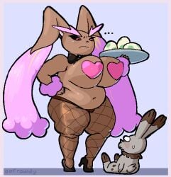 ... anthro black_sclera blush breasts bunnelby chubby eggs female game_freak hand_on_hip huge_breasts larger_female lopunny male nintendo nipple_pasties oofrowdy pokemon pokemon_(species) red_eyes shiny_pokemon size_difference smaller_male thick_thighs video_games wide_hips