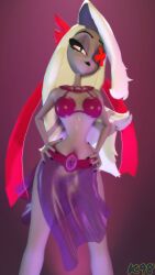 3d angel belly_dancer belly_dancer_outfit bra breasts eyepatch eyeshadow female_only hairbow hand_on_hip hazbin_hotel kevhon lipstick looking_at_viewer nail_polish skirt solo solo_female source_filmmaker vaggi_(hazbin_hotel) vaggie_(hazbin_hotel) vivienne_medrano