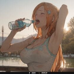 1girl ai_generated armpits bleach blush bottle breasts closed_eyes frenzyai inoue_orihime large_breasts long_hair open_mouth orange_hair outdoors solo sweat tongue tongue_out wet