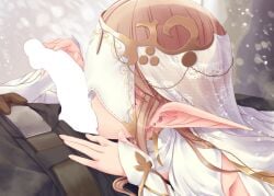 1boy 1girl armor breasts brown_hair censored cleavage commentary_request covered_eyes detached_sleeves earrings elf elf_saintess_(kirishima_satoshi) fellatio gold_earrings hetero jewelry kirishima_satoshi licking licking_penis light_particles long_hair long_pointy_ears open_mouth oral original penis pointy_ears saliva saliva_trail sidelocks solo_focus testicle_sucking veil veil_over_eyes very_long_hair white_veil