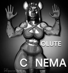 abs anthro big_breasts big_penis black_and_white breasts bulge cleavage clothed clothing dreadlocks ear_piercing exposed_belly eyebrow_piercing facial_piercing genitals gynomorph hi_res huge_penis humanoid humor hyena intersex mammal meme meme_pose monochrome muscular muscular_intersex navel nose_piercing penis pepper_(spicyboi01) piercing solo spicyboi01 thick_penis thick_thighs