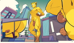 2021 anthro black_spots brown_body brown_fur brown_nose building cel_shading chair city colored computer_monitor crotch_tuft digital_drawing_(artwork) digital_media_(artwork) ducky_(artist) facial_tuft feet felid feline fur furniture genitals green_hair hair hand_on_hip light_penis macro male mammal multiple_angles muscular muscular_male nipples office office_chair pecs penis shaded signature skyscraper smile snout solo spots street toes triceps tuft yellow_body yellow_fur