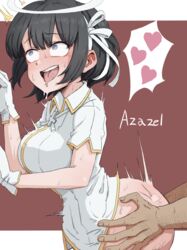 1boy 1girls ahe_gao angel artist_request ass ass_grab azazel_(helltaker) big_ass big_breasts black_hair blue_eyes blush bottom_heavy bottomless breasts dark-skinned_male dark_skin female gloves heavy_blush heavy_breathing helltaker huge_ass huge_breasts large_ass light-skinned_female light_skin looking_pleasured male medium_hair no_panties pale-skinned_female pale_skin saliva spoken_heart thick_ass thick_thighs thighs tight_clothing tongue tongue_out trembling