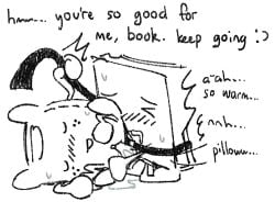 battle_for_dream_island book_(bfdi) dialogue leash leash_pull monochrome object_shows pillow_(bfdi) text white_background
