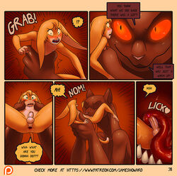 anthro anus balls brown_fur comic dialogue feline fellatio fur gaping gaping_anus james_howard male_only mammal oral page_38 page_number patreon penis sex simple_background yellow_fur