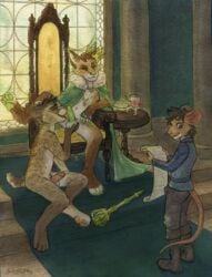 3boys anthro ball_fondling balls being_watched boots bulge cape chair clothed crown embarrassed erection erection_under_clothes exposed feline fondling food footwear fully_clothed furry gay group humanoid_penis king leopard licking looking_away lynx mace male male_only mammal medieval melee_weapon mouse navel nude oral partially_clothed pawpads penis penis_lick plantigrade public rodent royalty scroll sex sicklyhypnos signature sitting standing tenting throne tongue tongue_out traditional_media_(artwork) watercolor_(artwork) weapon whiskers yaoi